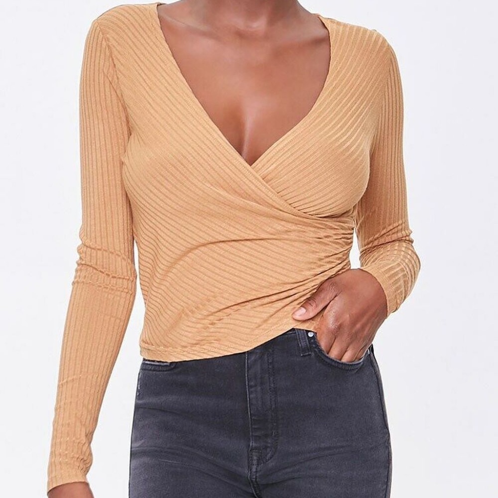 NEW Forever 21 Ribbed Surplice Long-Sleeve Top